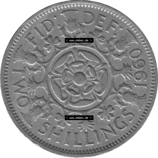 Grau bzw. s/w Münzen Großbritannien Umlaufmünzen Sammlung in PNG Großbritannien 1954-1970, 2 Schilling-Florin, Two Shillings, 1960-01 ELIZABETH II DEI GRATIA REGINA (6)... Sammlung Graustufen