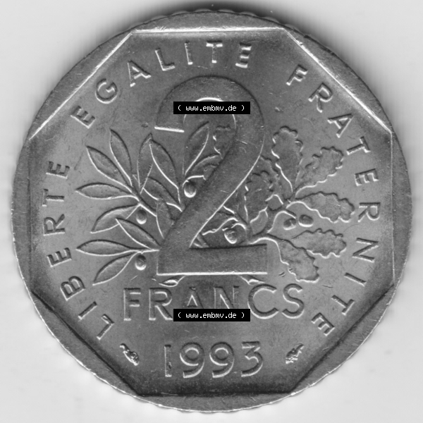 Grau bzw. s/w Münze Frankreich Umlaufmünzen Sammlung in PNG 1993-1993, 2 Francs Jean Moulin (1) - Digitales Münzen-Bildmaterial einer französischen Francs Münze aus Frankreich... Sammlung Graustufen