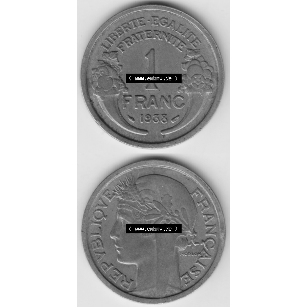 Grau bzw. s/w Münze Frankreich Umlaufmünzen Sammlung in PNG 1931-1941, 1 Francs, Franken 1938 (4) - Digitales Münzen-Bildmaterial einer französischen Francs Münze aus Frankreich... Sammlung Graustufen