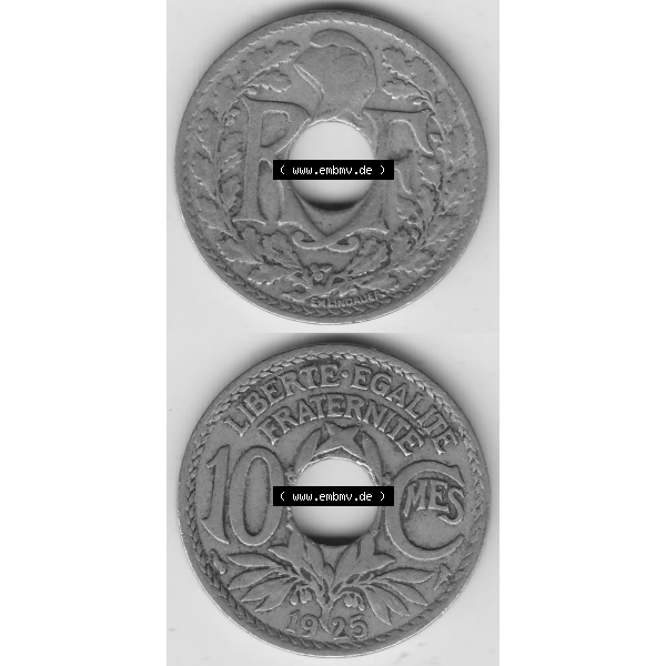 Grau bzw. s/w Münze Frankreich Umlaufmünzen Sammlung in PNG 1917-1938, 10 Centimes - Cmes 1925 (4) - Digitales Münzen-Bildmaterial einer französischen Francs Münze aus Frankreich... Sammlung Graustufen