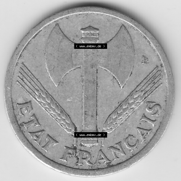 Grau bzw. s/w Münze Frankreich Umlaufmünzen Sammlung in PNG 1942-1944, 1 Franken - Francs 1943-2 (1) - Digitales Münzen-Bildmaterial einer französischen Francs Münze aus Frankreich... Sammlung Graustufen