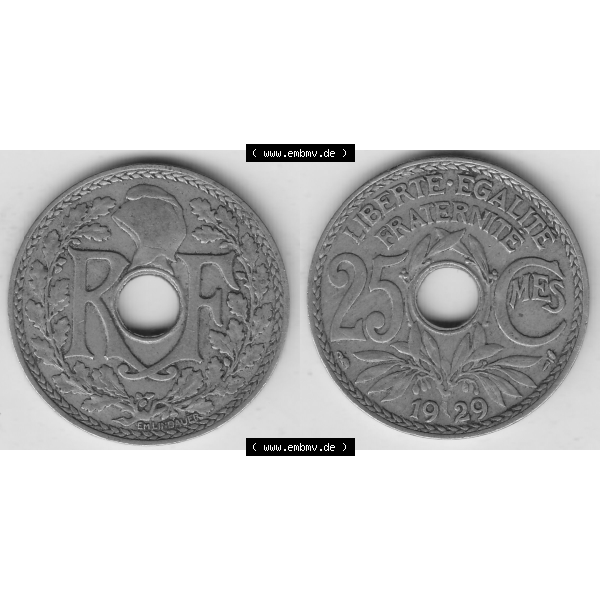 Grau bzw. s/w Münze Frankreich Umlaufmünzen Sammlung in PNG 1917-1937, 25 Cmes, Centimes 1929-1 LIBERTE EGALITE FRATERNITE (3) - Digitales Münzen-Bildmaterial einer französischen... Sammlung Graustufen