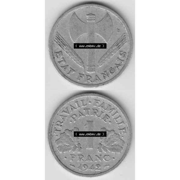 Grau bzw. s/w Münze Frankreich Umlaufmünzen Sammlung in PNG 1942-1944, 1 Franken - Francs 1942 (4) - Digitales Münzen-Bildmaterial einer französischen Francs Münze aus Frankreich... Sammlung Graustufen