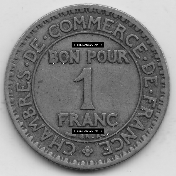 Grau bzw. s/w Münze Frankreich Umlaufmünzen Sammlung in PNG 1922-1927, 1 Franken, BON POUR One Franc, 1922-1 CHAMBRES DE COMMERCE DE FRANCE (2) - Digitales Münzen-Bildmaterial... Sammlung Graustufen