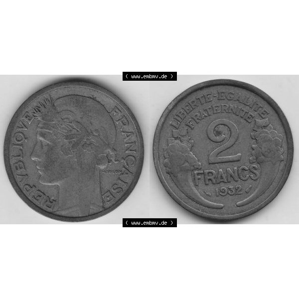 Grau bzw. s/w Münze Frankreich Umlaufmünzen Sammlung in PNG 1931-1941, 2 Franken 1932-1 LIBERTE EGALITE FRATERNITE (3) - Digitales Münzen-Bildmaterial einer französischen Francs Münze... Sammlung Graustufen