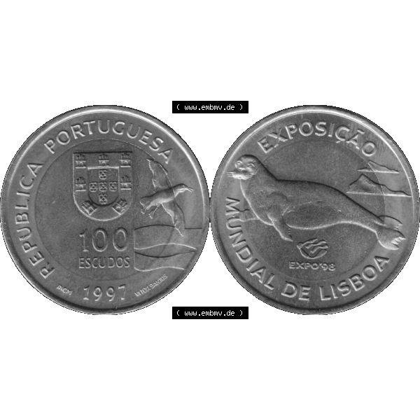 Grau bzw. s/w Alte Gedenkmünze aus Portugal als PNG-Grafik 1997, 100 Escudos, EXPO98, Exposicao, Mundial de Lisaboa. Vorderseite und Rückseite auf einen Bild/Foto der portugiesischen... Sammlung Graustufen