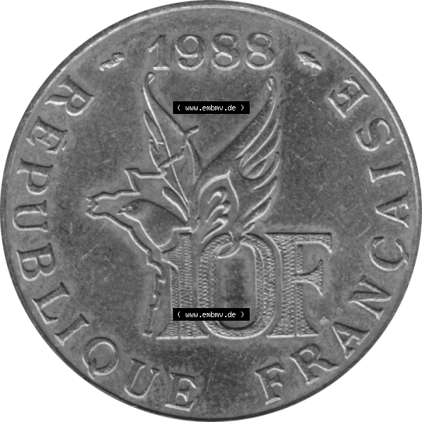 Grau bzw. s/w Münze Frankreich Umlaufmünzen Sammlung in PNG 1988-1988, 10 Francs Roland Garros-01 1988-01 (5) - Digitales Münzen-Bildmaterial einer französischen Francs Münze... Sammlung Graustufen