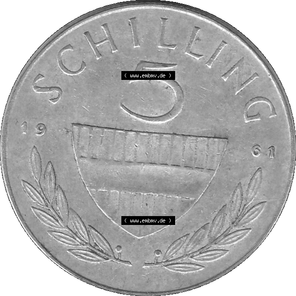 Grau bzw. s/w Alte Münze 5 / Fünf Schilling Österreich in original Farbgebung von Scanner transparenten PNG 1960-1968, 5 Fünf Schilling 1961-02, 5,20 Gramm 640er Silber,... Sammlung Graustufen