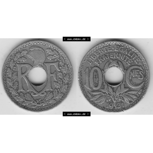 Grau bzw. s/w Münze Frankreich Umlaufmünzen Sammlung in PNG 1917-1938, 10 Centimes, RF - Frankreich 10 CMES EGALITÉ FRATERNITÉ LIBERTÉ 1931-1 (3) - Digitales Münzen-Bildmaterial... Sammlung Graustufen