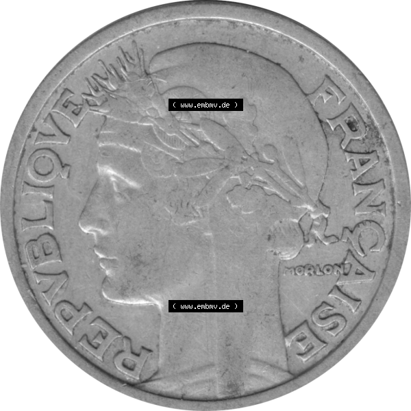 Grau bzw. s/w Münze Frankreich Umlaufmünzen Sammlung in PNG 1941-1959, 2 Francs, Franken 1947-01 (6) - Digitales Münzen-Bildmaterial einer französischen Francs Münze aus... Sammlung Graustufen