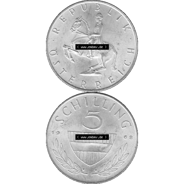 Grau bzw. s/w Alte Münze 5 / Fünf Schilling Österreich in original Farbgebung von Scanner transparenten PNG 1960-1968, 5 Fünf Schilling 1968-01, 5,20 Gramm 640er Silber,... Sammlung Graustufen