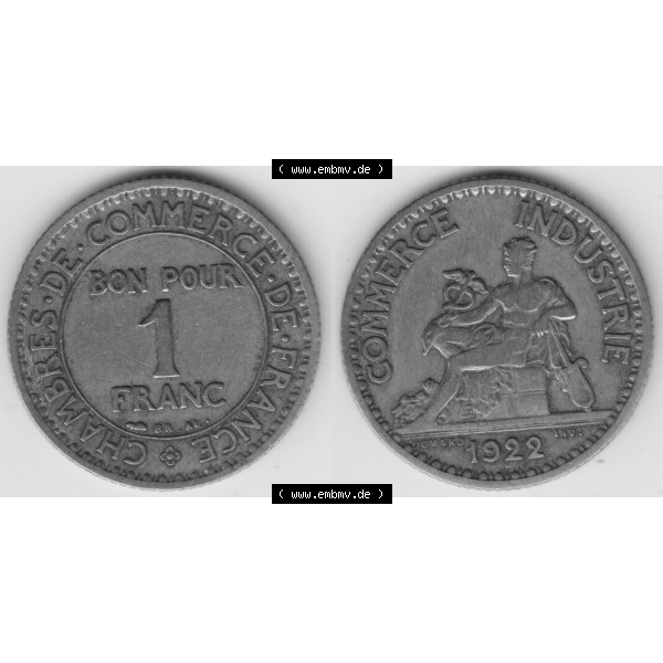 Grau bzw. s/w Münze Frankreich Umlaufmünzen Sammlung in PNG 1920-1927, 1 Francs, Franken 1922 (3) - Digitales Münzen-Bildmaterial einer französischen Francs Münze aus Frankreich... Sammlung Graustufen