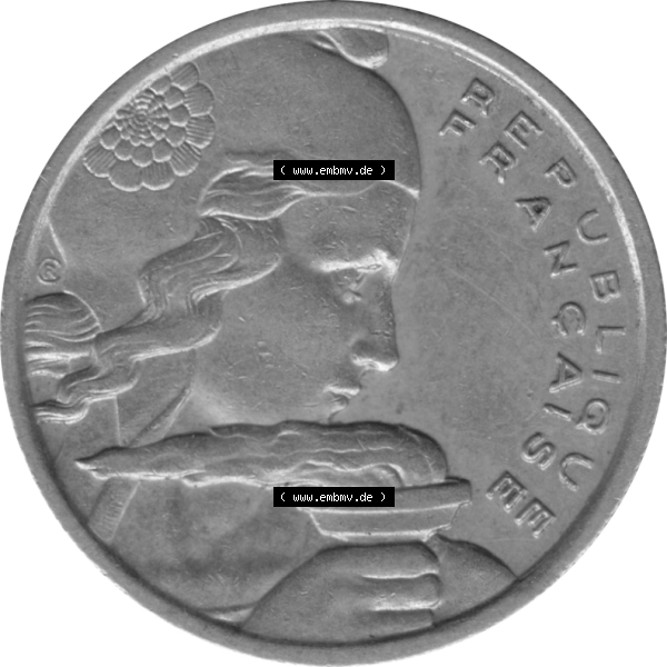 Grau bzw. s/w Münze Frankreich Umlaufmünzen Sammlung in PNG 1954-1958; 100 Francs, Franken Typ I. 1955-01 (6) - Digitales Münzen-Bildmaterial einer französischen Francs... Sammlung Graustufen