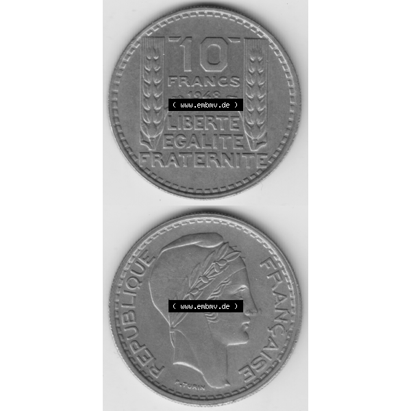 Grau bzw. s/w Münze Frankreich Umlaufmünzen Sammlung in PNG 1947-1949, 10 Francs, Franken 1948 (4) - Digitales Münzen-Bildmaterial einer französischen Francs Münze aus... Sammlung Graustufen