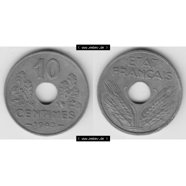 Grau bzw. s/w Münze Frankreich Umlaufmünzen Sammlung in PNG 1941-1943, 10 Centimes, Etat Francais 1943 (3) - Digitales Münzen-Bildmaterial einer französischen Francs Münze... Sammlung Graustufen