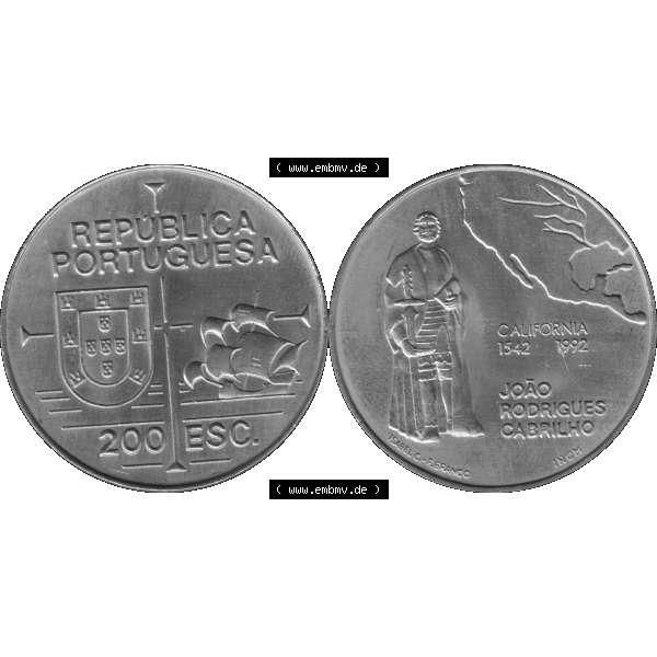 Grau bzw. s/w Alte Gedenkmünze aus Portugal als PNG-Grafik 1992, 200 Escudos, California 1542, Joao Rodrigues Cabrilho. Vorderseite und Rückseite auf einen Bild/Foto der portugiesischen... Sammlung Graustufen