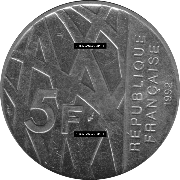 Grau bzw. s/w Münze Frankreich Umlaufmünzen Sammlung in PNG 1992-1992, 5 Francs Franken in Nickel 1992-01 (5) - Digitales Münzen-Bildmaterial einer französischen Francs Münze... Sammlung Graustufen