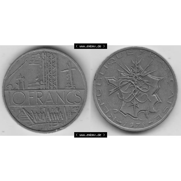 Grau bzw. s/w Münze Frankreich Umlaufmünzen Sammlung in PNG 1974-1987, 10 Franken-Francs 1978 I. (3) - Digitales Münzen-Bildmaterial einer französischen Francs Münze aus... Sammlung Graustufen