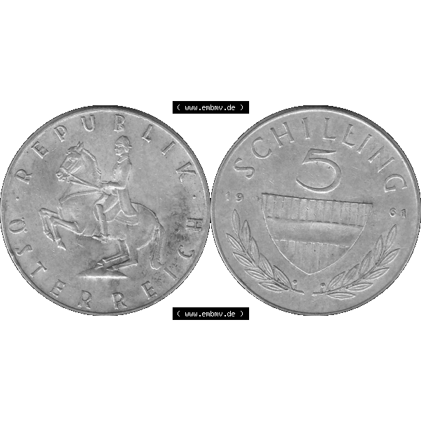 Grau bzw. s/w Alte Münze 5 / Fünf Schilling Österreich in original Farbgebung von Scanner transparenten PNG 1960-1968, 5 Fünf Schilling 1961-02, 5,20 Gramm 640er Silber,... Sammlung Graustufen