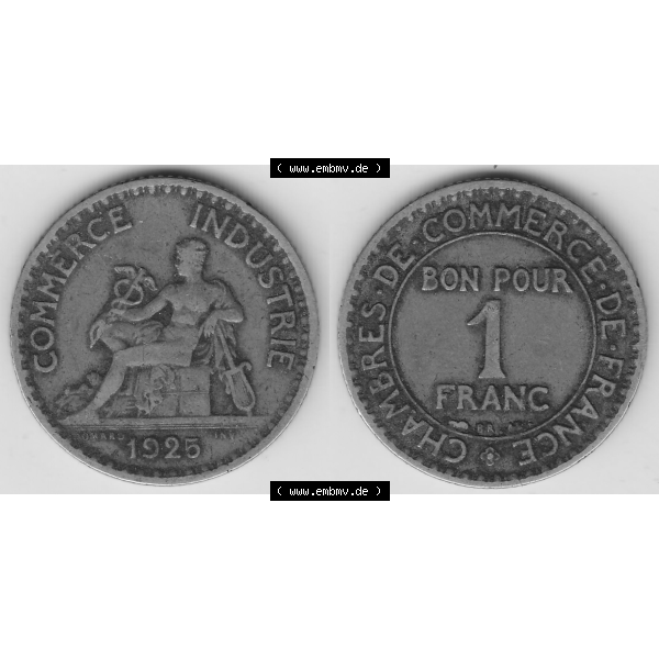 Grau bzw. s/w Münze Frankreich Umlaufmünzen Sammlung in PNG 1920-1927, 1 Franken BON POUR 1 FRANC 1925 (3) - Digitales Münzen-Bildmaterial einer französischen Francs Münze aus... Sammlung Graustufen