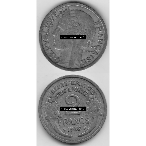 Grau bzw. s/w Münze Frankreich Umlaufmünzen Sammlung in PNG 1931-1941, 2 Franken 1936-1 LIBERTE EGALITE FRATERNITE (4) - Digitales Münzen-Bildmaterial einer französischen Francs Münze... Sammlung Graustufen