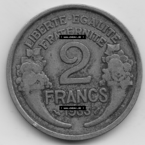Grau bzw. s/w Münze Frankreich Umlaufmünzen Sammlung in PNG 1931-1941, 2 Franken 1933-1 LIBERTE EGALITE FRATERNITE (2) - Digitales Münzen-Bildmaterial einer französischen Francs Münze... Sammlung Graustufen