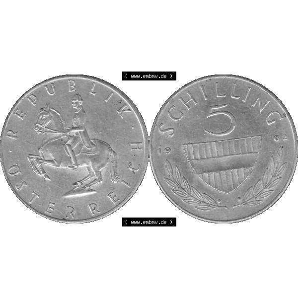 Grau bzw. s/w Alte Münze 5 / Fünf Schilling Österreich in original Farbgebung von Scanner transparenten PNG 1960-1968, 5 Fünf Schilling 1962-01, 5,20 Gramm 640er Silber,... Sammlung Graustufen
