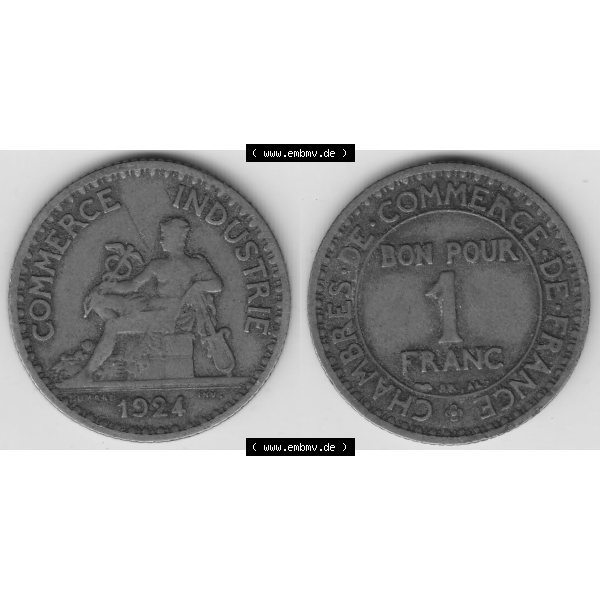 Grau bzw. s/w Münze Frankreich Umlaufmünzen Sammlung in PNG 1920-1927, 1 Franken BON POUR 1 FRANC 1924-1 (3) - Digitales Münzen-Bildmaterial einer französischen Francs Münze... Sammlung Graustufen
