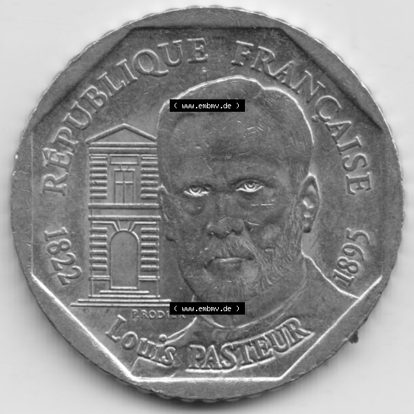 Grau bzw. s/w Münze Frankreich Umlaufmünzen Sammlung in PNG 1995-1995, 2 France Louis Rasteur (2) - Digitales Münzen-Bildmaterial einer französischen Francs Münze aus Frankreich... Sammlung Graustufen