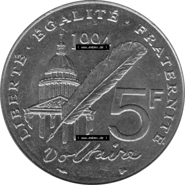 Grau bzw. s/w Münze Frankreich Umlaufmünzen Sammlung in PNG 1994-1994, 5 Francs Liberte Egalite Fraternite 1994-01 (5) - Digitales Münzen-Bildmaterial einer französischen Francs Münze... Sammlung Graustufen