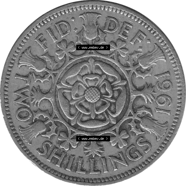 Grau bzw. s/w Münzen Großbritannien Umlaufmünzen Sammlung in PNG Großbritannien 1954-1970, 2 Schilling-Florin, Two Shillings, 1961-02 ELIZABETH II DEI GRATIA REGINA (6)... Sammlung Graustufen