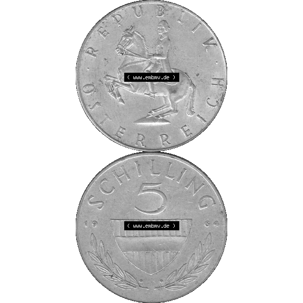 Grau bzw. s/w Alte Münze 5 / Fünf Schilling Österreich in original Farbgebung von Scanner transparenten PNG 1960-1968, 5 Fünf Schilling 1964-01, 5,20 Gramm 640er Silber,... Sammlung Graustufen
