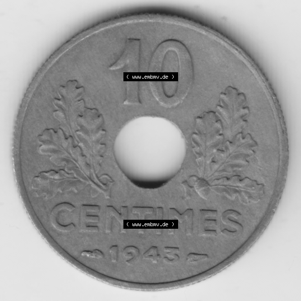 Grau bzw. s/w Münze Frankreich Umlaufmünzen Sammlung in PNG 1941-1943, 10 Centimes, Etat Francais 1943 (1) - Digitales Münzen-Bildmaterial einer französischen Francs Münze... Sammlung Graustufen