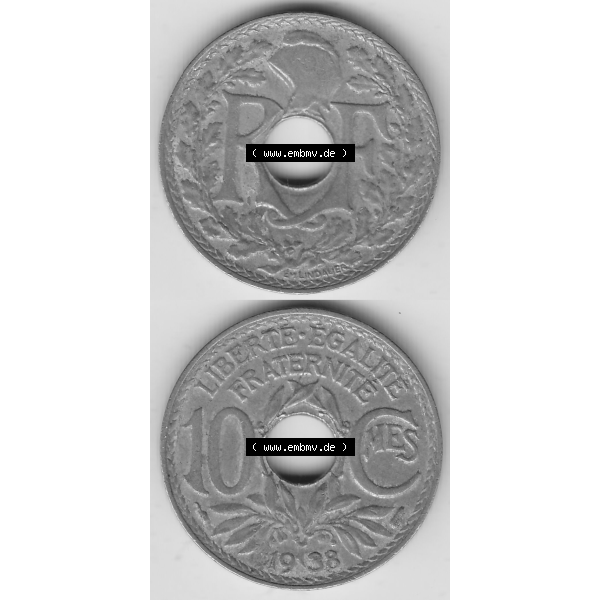 Grau bzw. s/w Münze Frankreich Umlaufmünzen Sammlung in PNG 1917-1938, 10 Centimes - Cmes 1938-2 (4) - Digitales Münzen-Bildmaterial einer französischen Francs Münze aus Frankreich... Sammlung Graustufen