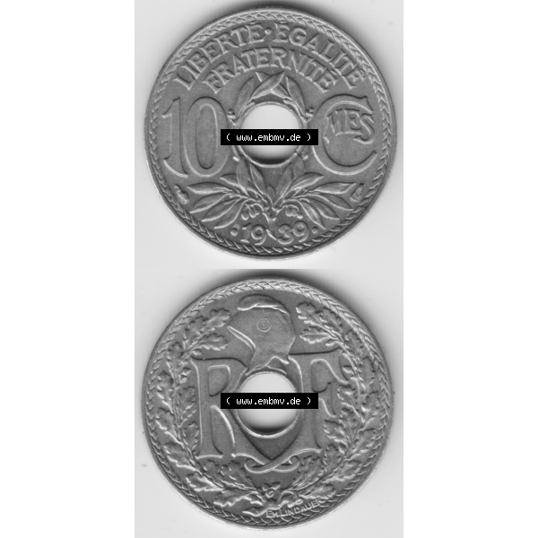 Grau bzw. s/w Münze Frankreich Umlaufmünzen Sammlung in PNG 1938-1939, 10 Centimes, Cent 1939 (4) - Digitales Münzen-Bildmaterial einer französischen Francs Münze aus Frankreich... Sammlung Graustufen