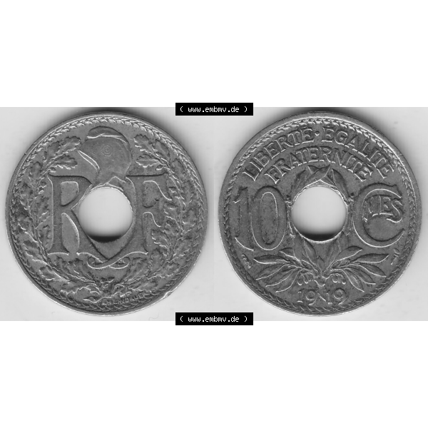 Grau bzw. s/w Münze Frankreich Umlaufmünzen Sammlung in PNG 1917-1938, 10 Centimes, RF - Frankreich 10 CMES EGALITÉ FRATERNITÉ LIBERTÉ 1919-1 (3) - Digitales Münzen-Bildmaterial... Sammlung Graustufen