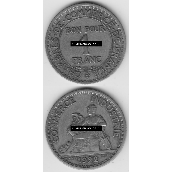 Grau bzw. s/w Münze Frankreich Umlaufmünzen Sammlung in PNG 1920-1927, 1 Francs, Franken 1922 (4) - Digitales Münzen-Bildmaterial einer französischen Francs Münze aus Frankreich... Sammlung Graustufen