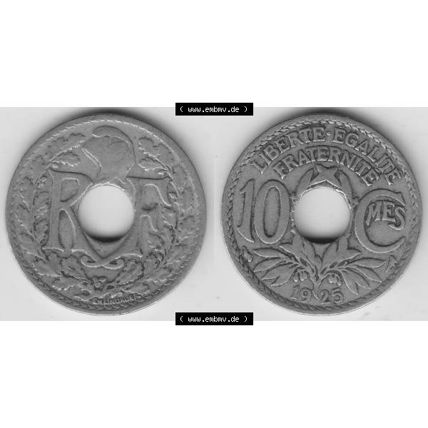 Grau bzw. s/w Münze Frankreich Umlaufmünzen Sammlung in PNG 1917-1938, 10 Centimes - Cmes 1925 (3) - Digitales Münzen-Bildmaterial einer französischen Francs Münze aus Frankreich... Sammlung Graustufen