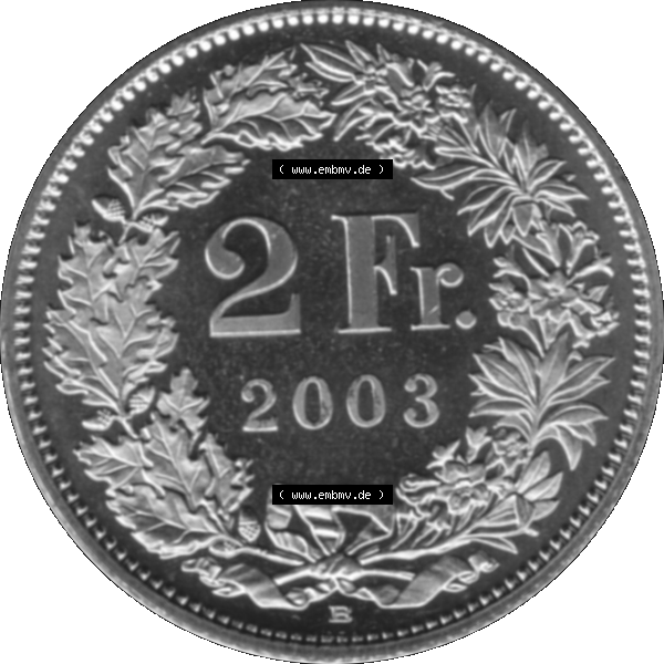 Grau bzw. s/w Alte Münze KMS Schweiz in original Farbgebung vom Scanner transparenten PNG 1983-2018, 2 Franken 2003. Rückseite mit Nominal-Wert der Schweizer Münze, zum katalogisieren... Sammlung Graustufen