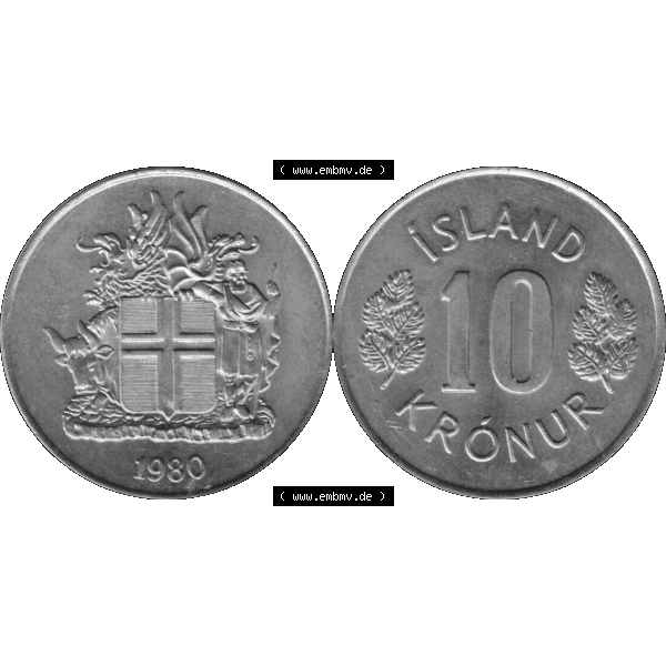 Grau bzw. s/w Alte Münze Island Umlaufmünze 1967-1980, 10 Kronur, Kronen 1980-01. Vorderseite und Rückseite der Münze aus Island horizontal auf einen digitalen Bild der alten isländischen... Sammlung Graustufen