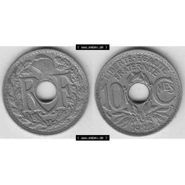 Grau bzw. s/w Münze Frankreich Umlaufmünzen Sammlung in PNG 1917-1938, 10 Centimes, RF - Frankreich 10 CMES EGALITÉ FRATERNITÉ LIBERTÉ 1922-2 (3) - Digitales Münzen-Bildmaterial... Sammlung Graustufen