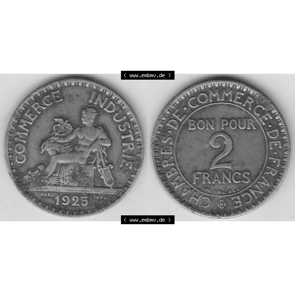 Grau bzw. s/w Münze Frankreich Umlaufmünzen Sammlung in PNG 1920-1927, 2 Franken 1925-1, BON POUR 2 FRANCS CHAMBRES DE COMMERCE DE FRANCE (3) - Digitales Münzen-Bildmaterial einer... Sammlung Graustufen