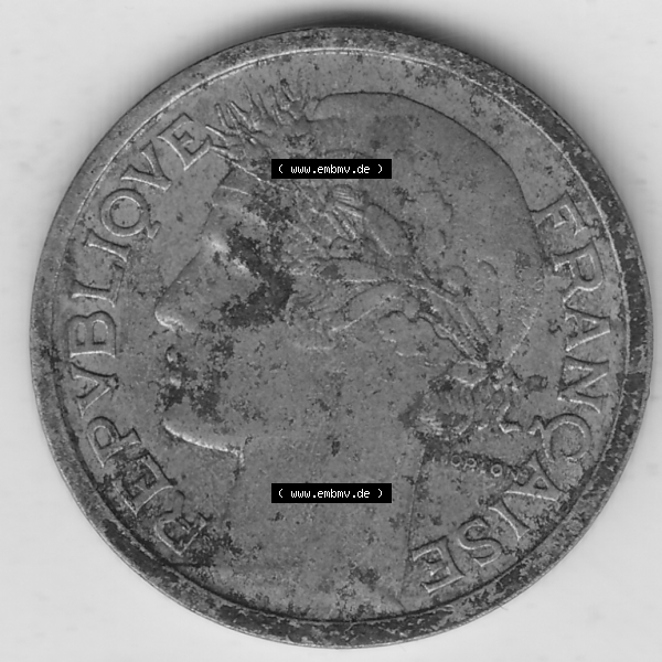 Grau bzw. s/w Münze Frankreich Umlaufmünzen Sammlung in PNG 1931-1941, 1 Franken, 1 Franc, 1941-1 LIBERTE EGALITE FRATERNITE (1) - Digitales Münzen-Bildmaterial einer französischen... Sammlung Graustufen