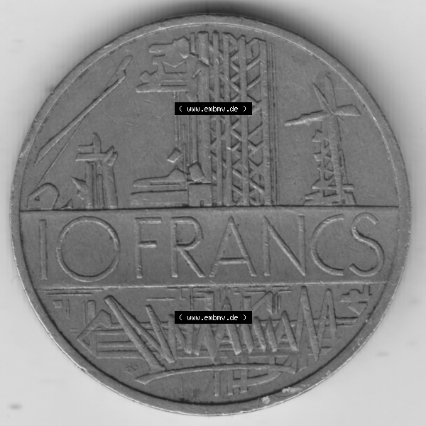 Grau bzw. s/w Münze Frankreich Umlaufmünzen Sammlung in PNG 1974-1987, 10 Franken-Francs 1978 I (1) - Digitales Münzen-Bildmaterial einer französischen Francs Münze aus Frankreich... Sammlung Graustufen