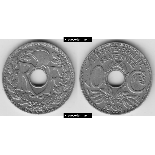 Grau bzw. s/w Münze Frankreich Umlaufmünzen Sammlung in PNG 1917-1938, 10 Centimes - Cmes 1938 (3) - Digitales Münzen-Bildmaterial einer französischen Francs Münze aus Frankreich... Sammlung Graustufen