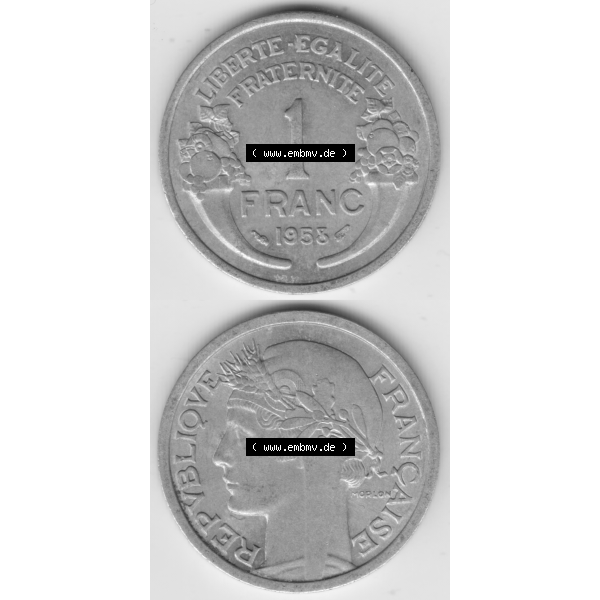 Grau bzw. s/w Münze Frankreich Umlaufmünzen Sammlung in PNG 1941-1959, 1 Francs, Franken 1958 (4) - Digitales Münzen-Bildmaterial einer französischen Francs Münze aus Frankreich... Sammlung Graustufen