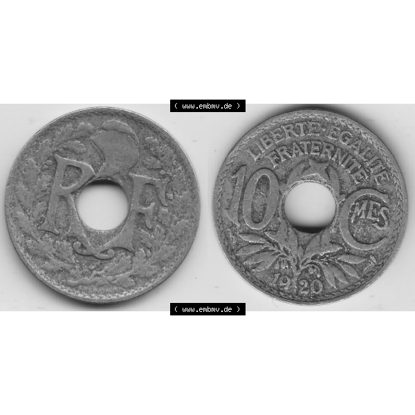 Grau bzw. s/w Münze Frankreich Umlaufmünzen Sammlung in PNG 1917-1938, 10 Centimes - Cmes 1920-2 (3) - Digitales Münzen-Bildmaterial einer französischen Francs Münze aus Frankreich... Sammlung Graustufen