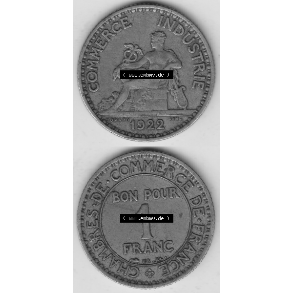 Grau bzw. s/w Münze Frankreich Umlaufmünzen Sammlung in PNG 1922-1927, 1 Franken, BON POUR One Franc, 1922-2 CHAMBRES DE COMMERCE DE FRANCE (4) - Digitales Münzen-Bildmaterial... Sammlung Graustufen