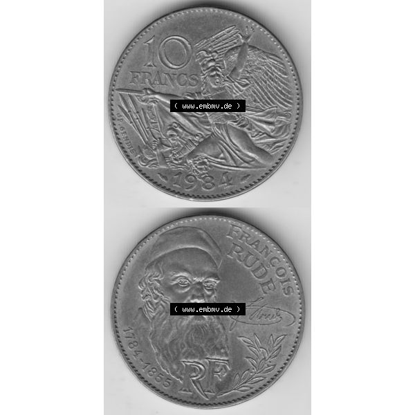 Grau bzw. s/w Münze Frankreich Umlaufmünzen Sammlung in PNG 1984-1984, 10 Francs Francois Rude (4) - Digitales Münzen-Bildmaterial einer französischen Francs Münze aus Frankreich... Sammlung Graustufen