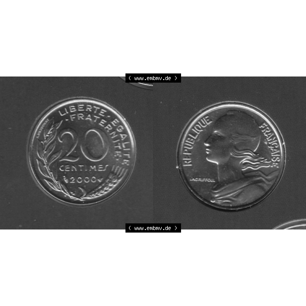 Grau bzw. s/w Münze Frankreich Umlaufmünzen Sammlung in PNG 2000, 20 Centimes (3) - Digitales Münzen-Bildmaterial einer französischen Francs Münze aus Frankreich in farbige mit... Sammlung Graustufen